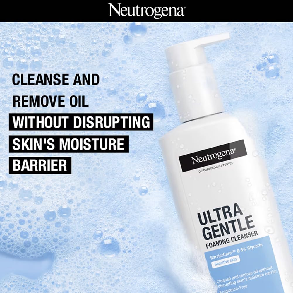 Neutrogena Ultra Gentle Foaming Cleanser | Face Wash for All Skin Types including Sensitive Skin | 6X Gentler Cleansing with Barriercare Technology for Men & Women | Cleanses Dirt and Oil | Hydrates & Protects Skin Barrie
