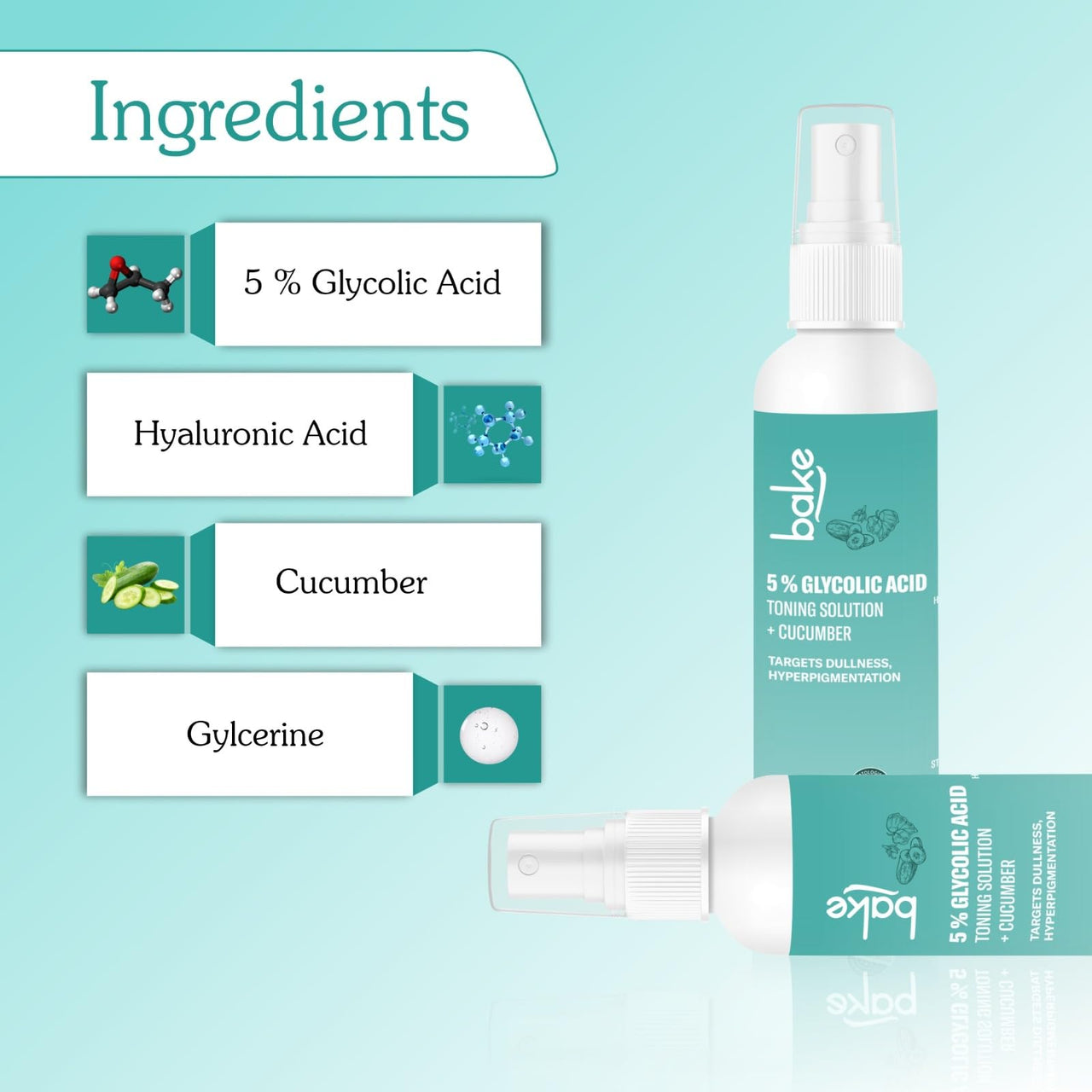 BAKE 5% Glycolic Acid Toner with Hyaluronic Acid | Targets Hyperpigmentation | Pore Tightening Toner for Face & Underarms | For Combination, Oily, Acne Prone Skin | Alcohol Free Toner | 100ml