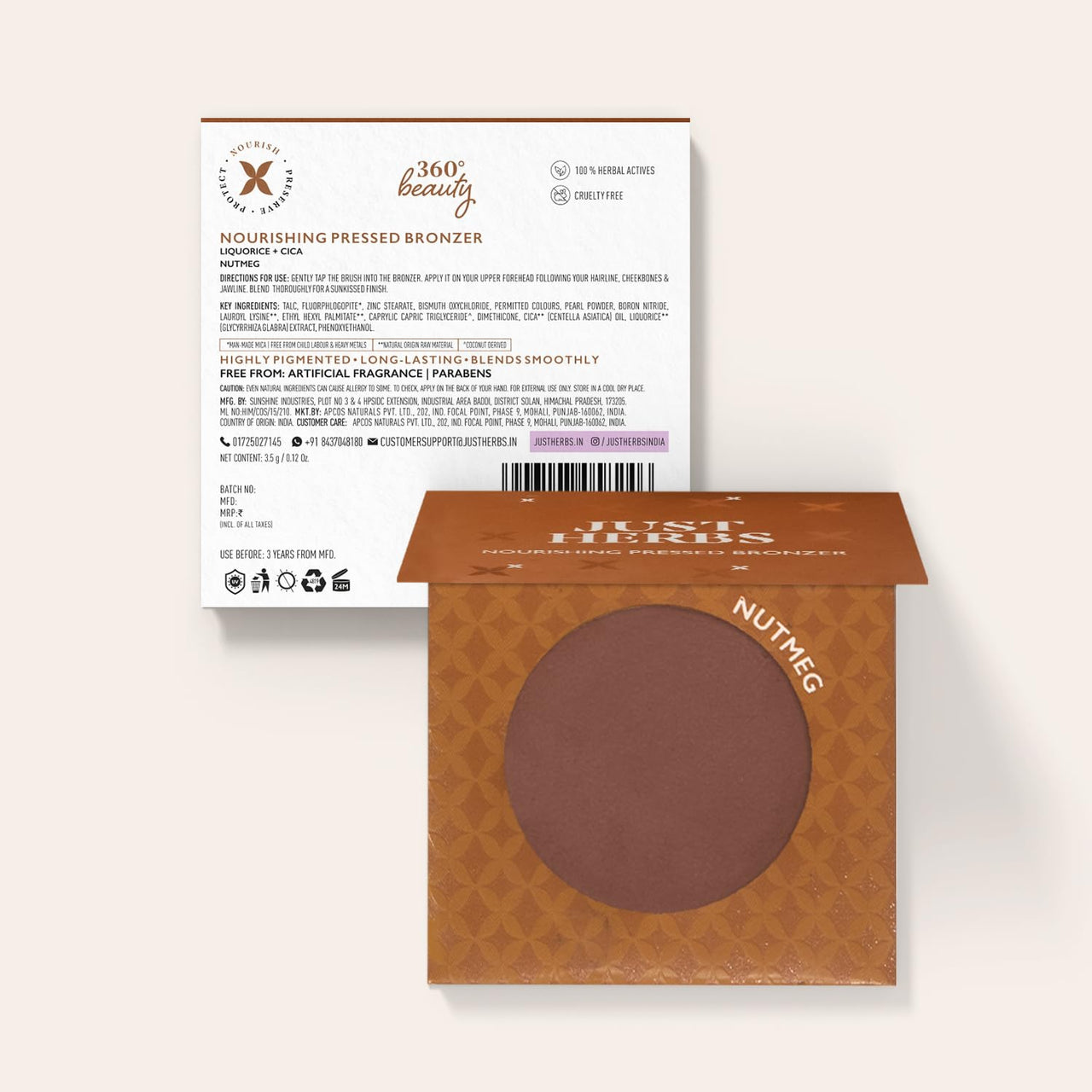 Just Herbs Nourishing Pressed Bronzer Liquorice + Cica for Face Makeup 3.5g (Nutmeg, 3.5)