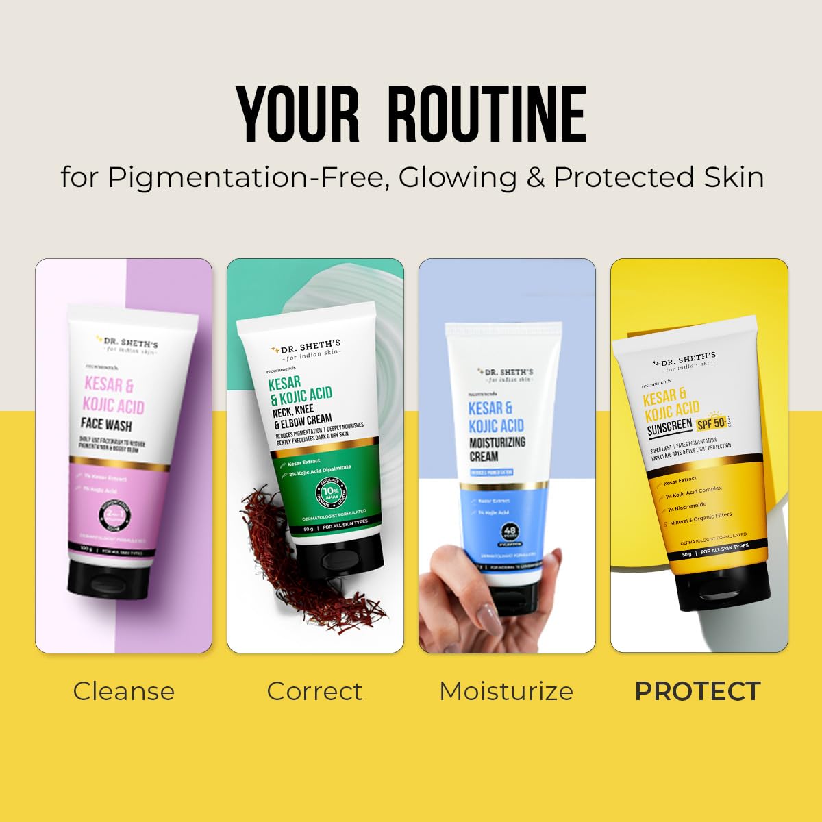 Dr. Sheth's Kesar & Kojic Acid Sunscreen with SPF 50 Pa++++ | For Pigmentation-Free Skin | No White Cast & Light Weight | For Daily Moisturization | For All Skin Types | 50 g