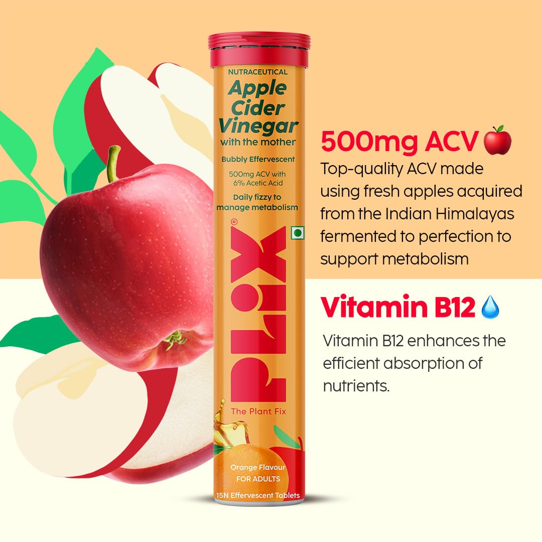 The Plant Fix Plix Apple Cider Vinegar Effervescent Tablet With Mother|Supports Metabolism & Appetite Control I With 500Mg Acv, Vit B6 & B12 I No Maltodextrin, No Added Sugar I Pack Of 4 (60 Tablets)