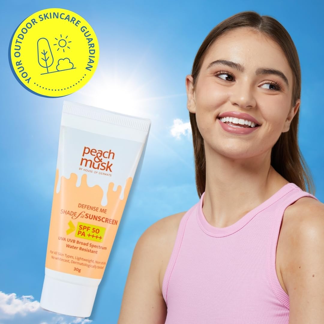 Peach and Musk Defense Me Shadefit Sunscreen, SPF 50 PA++++ UVA Broad Spectrum & UVB Protection, No White Cast, Water Resistant, Lightweight Non Sticky, Tinted Sunscreen For All Skin Types - 30gm