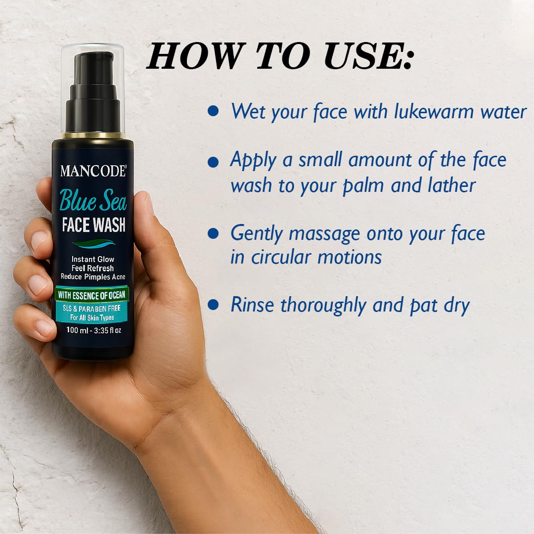 Mancode Blue Sea Face Wash-100ml | Instant Glow & Refreshing Feel | Reduces Pimples & Acne | Enriched with Ocean Essence | Paraben-Free, Gentle Formula for All Skin Types | Deep Cleansing