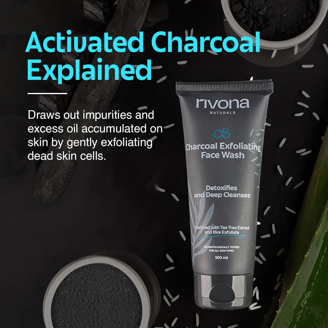 Rivona Naturals Charcoal Face Wash for Men, Anti Pollution and Deep Pore Cleasning with Tea tree and Rice Granules 200ml