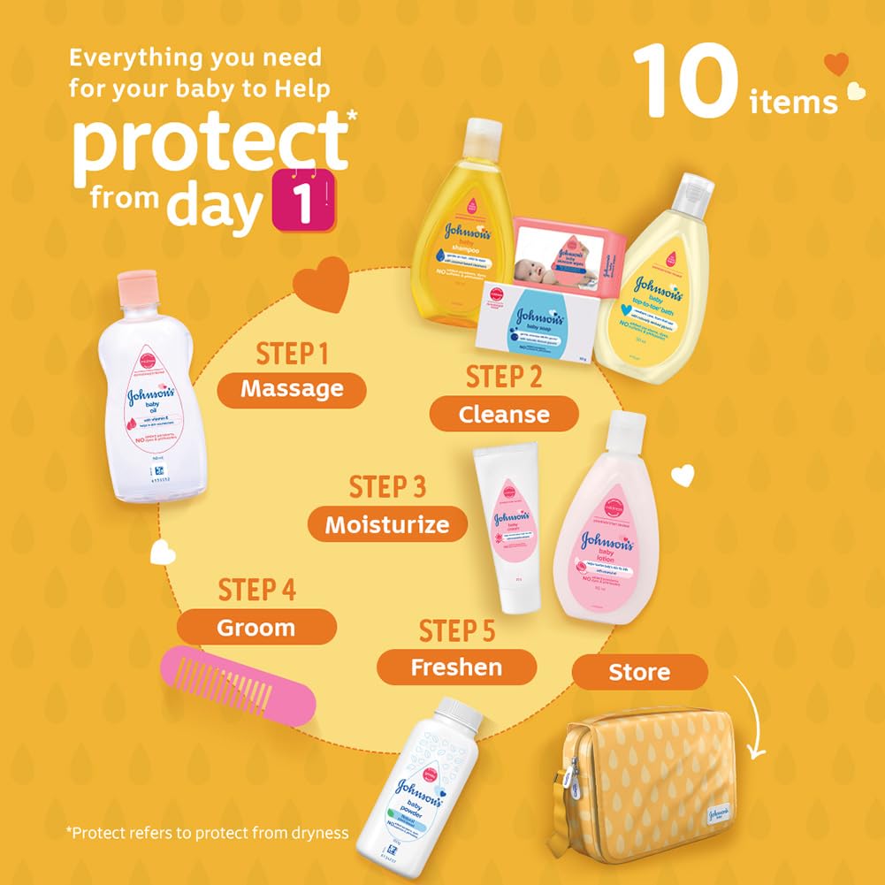 Johnson's Baby Gift Pack with Travel Kit | Newborn Essentials Kit for Baby Girl/Boy | 10 Baby Products Including Orange Hanging Bag & Comb