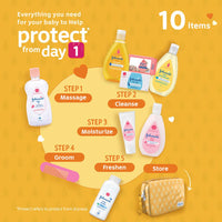 Johnson's Baby Gift Pack with Travel Kit | Newborn Essentials Kit for Baby Girl/Boy | 10 Baby Products Including Orange Hanging Bag & Comb