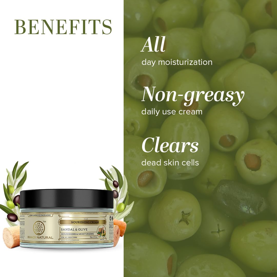Khadi Natural Ayurvedic Sandal & Olive Face Nourishing Cream with Shea Butter | Deep Hydration & Skin Revitalization | Herbal Formula for a Glowing Skin | 50g