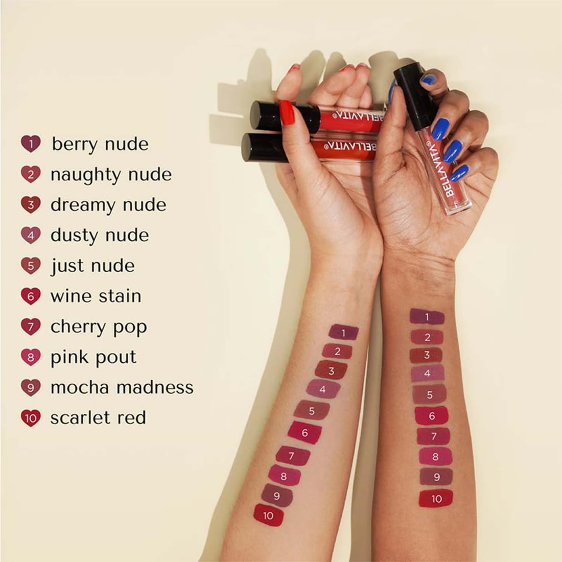 BELLAVITA Mini Kiss Proof Liquid Lipstick Gift Set of 4 x 2ml | Smudge & Transfer-Proof | Intense Moisturisation | Just Nude + Berry Nude + Mocha Madness + Cherry Pop | Lipstick Combo Set