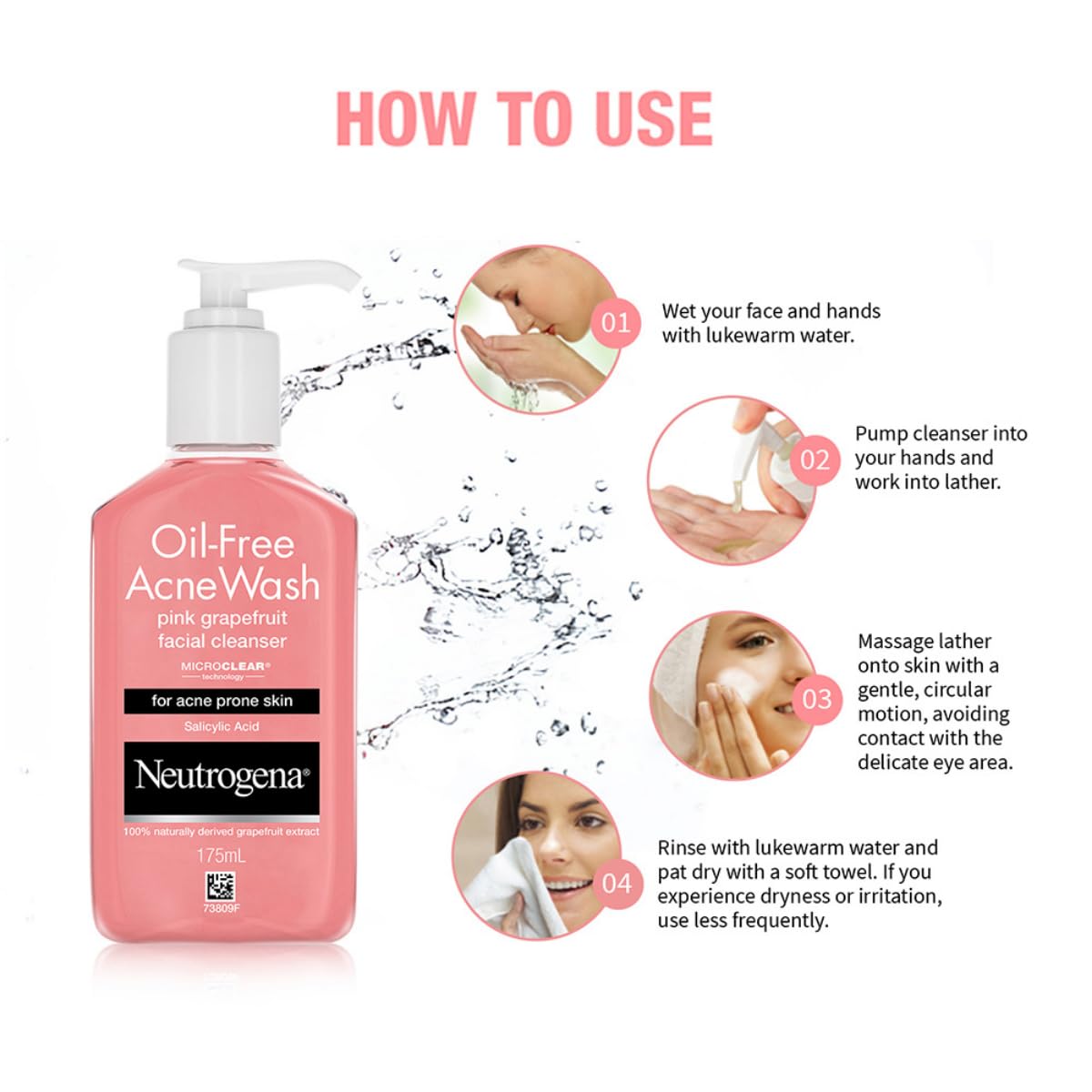 Neutrogena Oil Free Acne Wash | Pink Grapefruit | Deep Cleansing Face Wash with Salicylic Acid | Alcohol Free, Non Comedogenic & Dermatologically Tested | For Oily Acne Prone Skin | 175ml