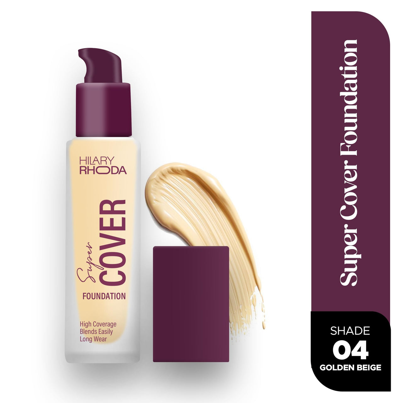 Hilary Rhoda Super Cover Foundation | Blemish Free | High Coverage & Waterproof Foundation | 24-Hour Stay & Non-Sticky Formula | Matte Finish | Blends Flawlessly | 30g (Golden Beige| Shade 04)