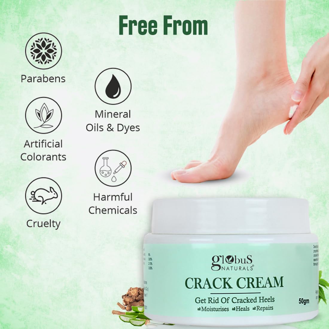 Globus Naturals Crack Cream For Dry Cracked Heels & Feet | Enriched With Aloevera | Neem | Anantmool 50g (Pack of 2)