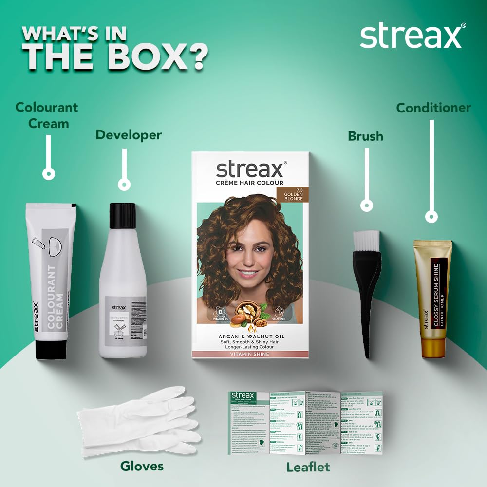 Streax Crème Permanent Hair Colour - 7.3 Golden Blonde Hair Color- 45gm (Pack of 5), 100% Grey coverage, Long Lasting Hair colour for women