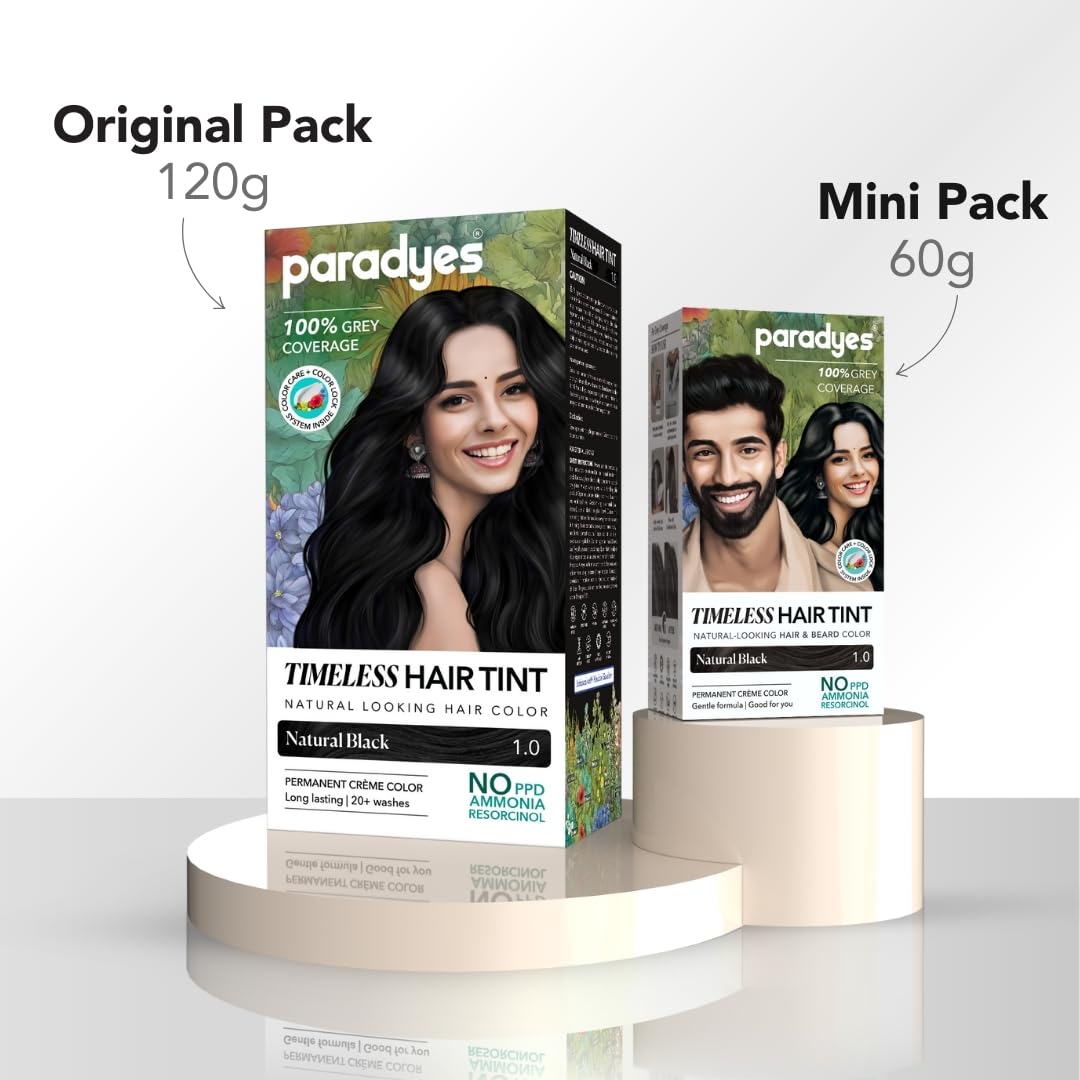 Paradyes Mini Natural Black Timeless Hair Tint, Permanent Crème Hair Color for Hair & Beard, Complete Grey Coverage, Formula Free from PPD, Ammonia, & Resorcinol, 1.0 Natural Black, 60 GRAM