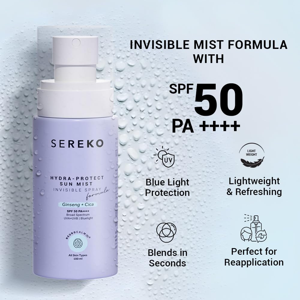 Sereko Hydra-Protect Face Sunscreen Spray SPF 50 PA++++ for Women & Men | Invisible, Non-Greasy & Quick-Absorbing | 24-Hour Hydration & Instant Cooling | UVA+UVB & Blue Light Protection | All Skin Type