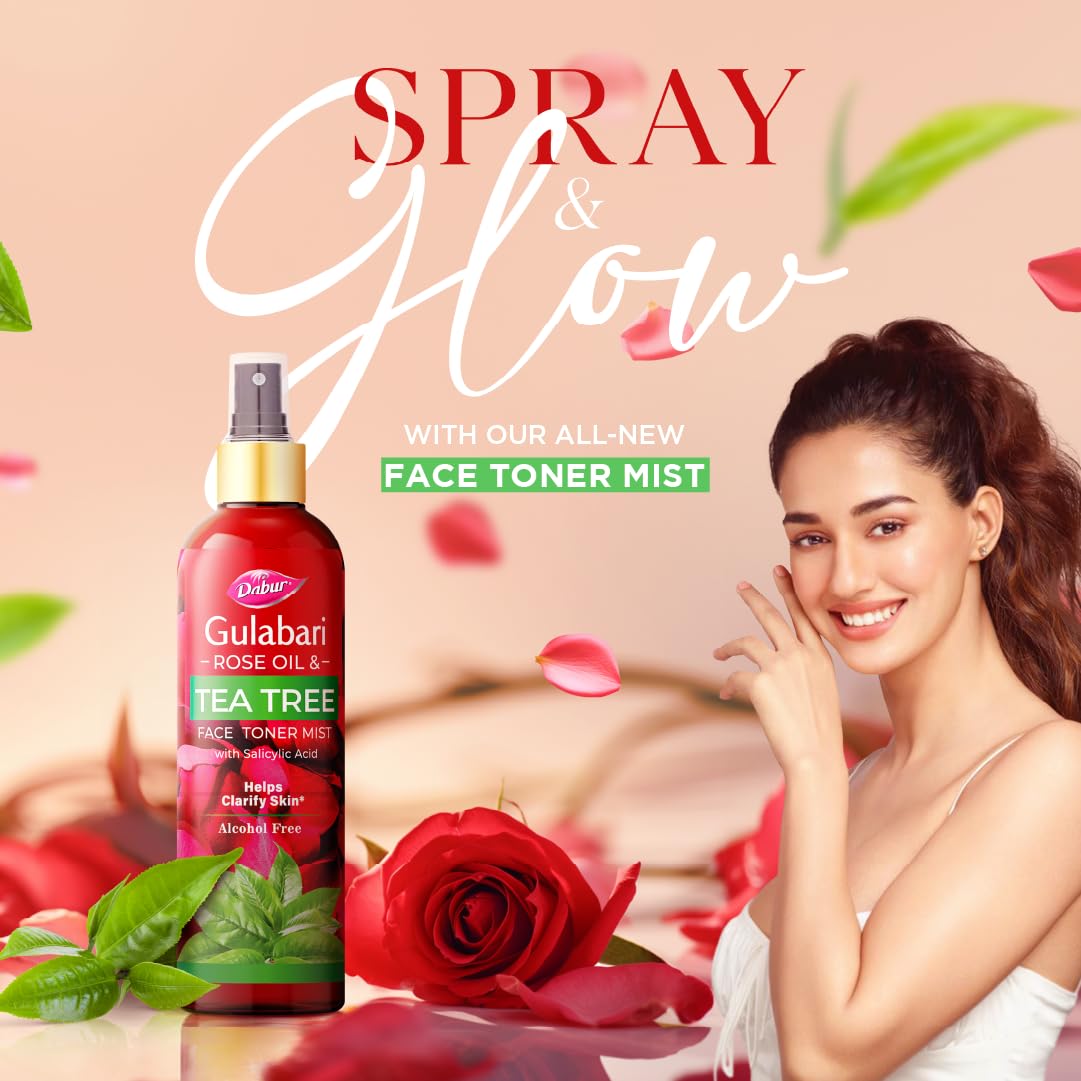Dabur Gulabari Rose Oil & Tea Tree Face Toner Mist & Rosewater with Salicylic Acid - 100ml | Treats breakouts, blackheads, and whiteheads | Tightens and Refines Pores | Alcohol free