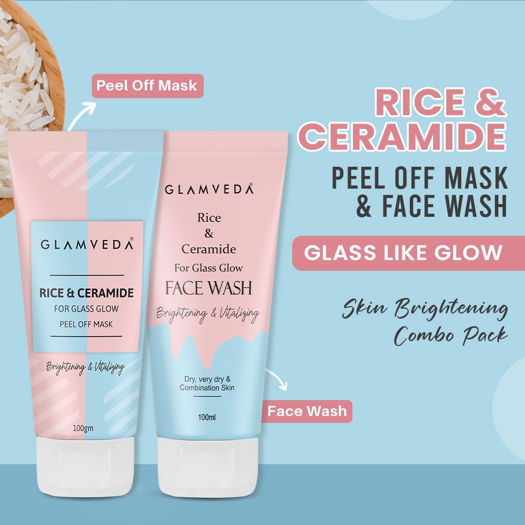 Glamveda Rice & Ceramide Combo | Skin Brightening & Anti Dullness | Improves skin barrier | Suitable For Dry to Combination Skin types | Face Wash & Peel Off Mask Combo