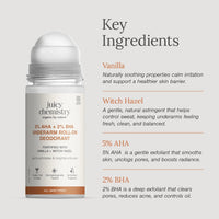 Juicy Chemistry Underarm Roll-On 5% AHA & 2% BHA, 50ml | Vanilla + Witch Hazel, Certified Organic | Controls Body Odour & Brightens Skin | Aluminum Free | For Men & Women