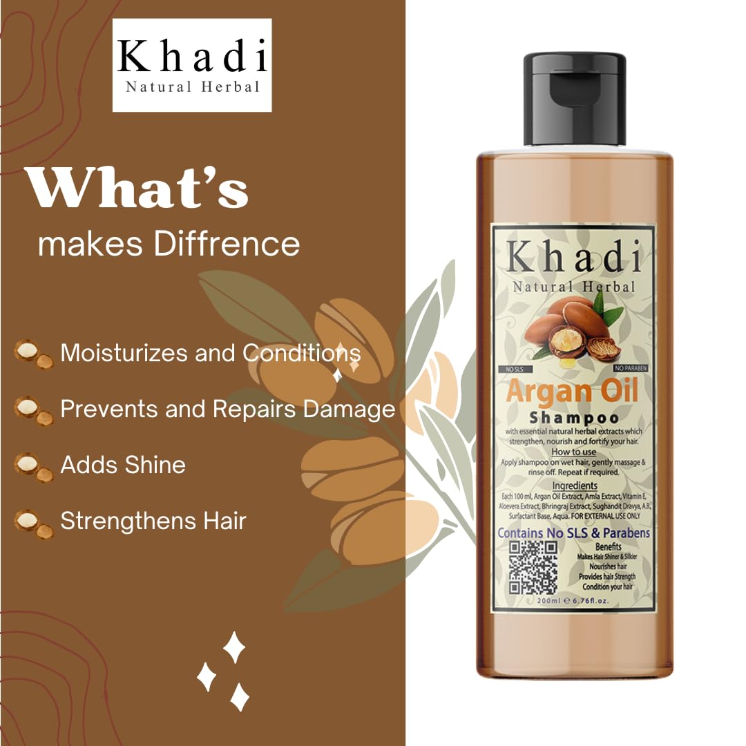 Khadi Natural Herbal Argan Oil Shampoo For Hair Growth | Enriched With Argan, Amla , Bhringraj , Aloevera And Vitamn E Extract | Sls And Parben Free Argan Shampoo For Men And Women Pack Of 200Ml