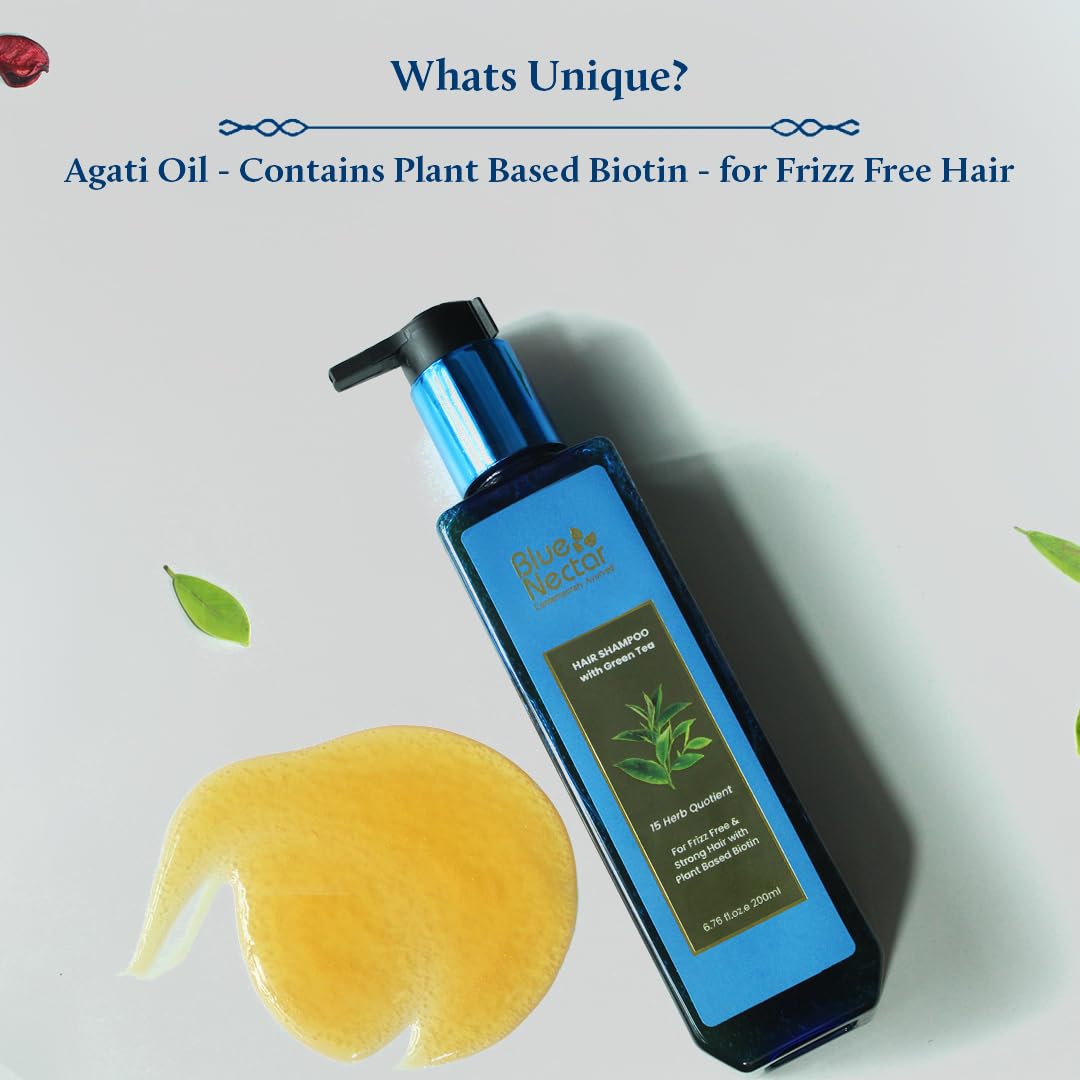 Blue Nectar Anti Frizz Hair Shampoo for Dry & Frizzy Hair | Plant Based Biotin Shampoo for Hair Growth for Women & Men | Shampoo for Oily Scalp & Dry Scalp (15 herbs, 200ml)