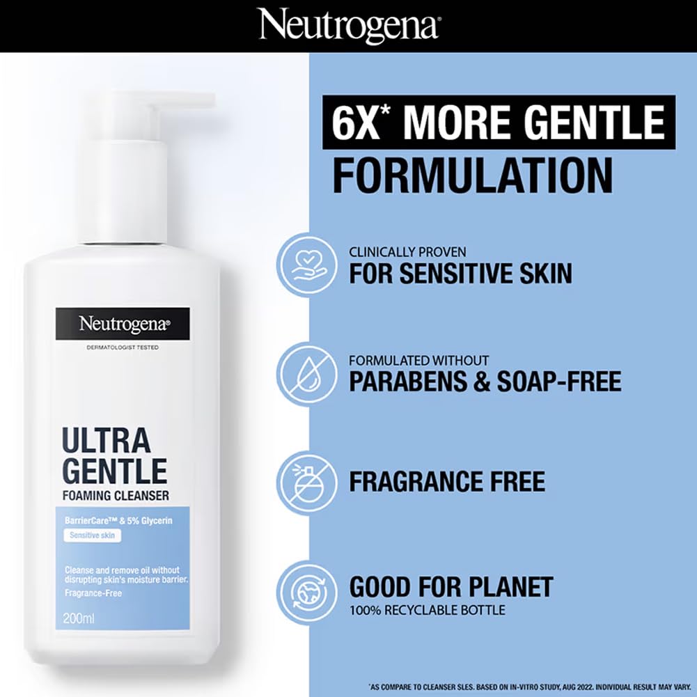 Neutrogena Ultra Gentle Foaming Cleanser | Face Wash for All Skin Types including Sensitive Skin | 6X Gentler Cleansing with Barriercare Technology for Men & Women | Cleanses Dirt and Oil | Hydrates & Protects Skin Barrie