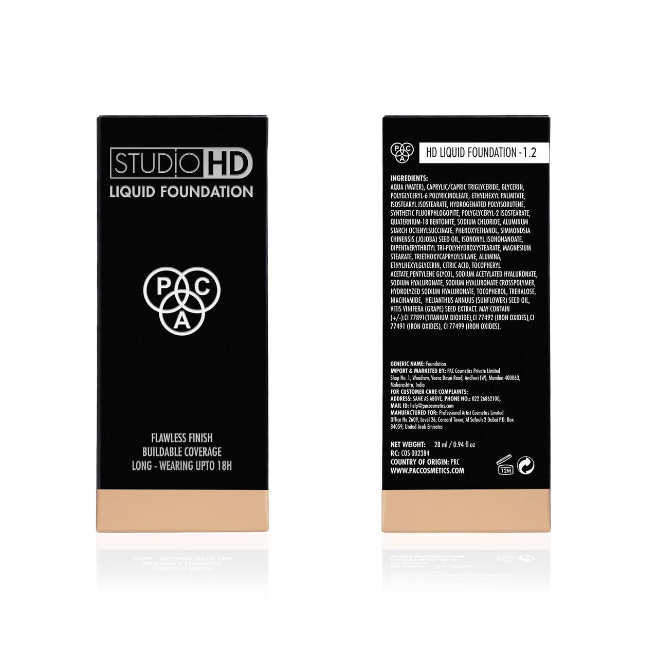 PAC Studio HD Liquid Foundation (1.2) | Lightweight Dewy Satin Finish | Medium to Buildable Coverage | Natural Second Skin like Finish | Suitable for all Skin Types - 28ml