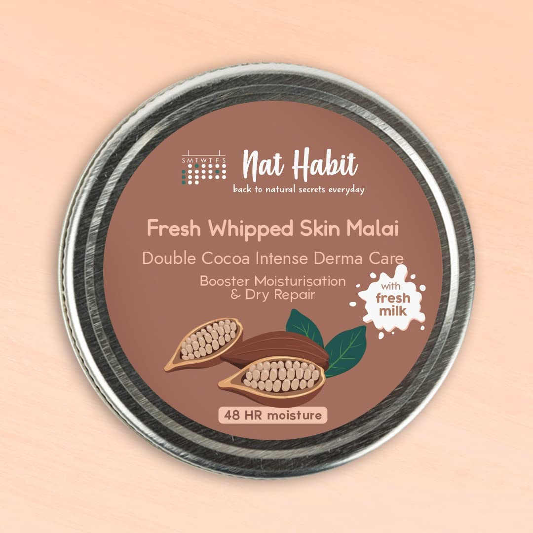 Nat Habit Double Cocoa Moisturiser, Skin Malai, Body Cream, Body Butter, Cold Cream Winter | Extreme Dry Skin, 48 HR Moisture, Shea, Cocoa Butter, Milk, Body Lotion - 120ml