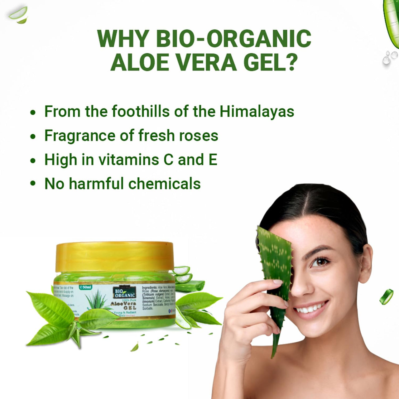 INDUS VALLEY Bio Organic Pure Multipurpose Aloe Vera Gel With Green Tea Extract For Face, Body & Hair,For Glowing & Soothing Skin, Anti-Ageing & Acne, Suitable to All Skin Type - 50ml