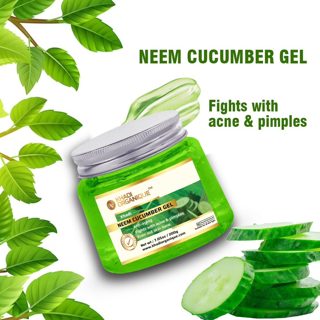 Khadi Organique Aloe Vera Gel with Neem & Cucumber for Face, Body & Hair | Deep Hydrating, Soothing & Moisturizing Aloe Vera Gel for Dry Skin & Hair | Organic Moisturizing Gel for Women & Men - 200gm