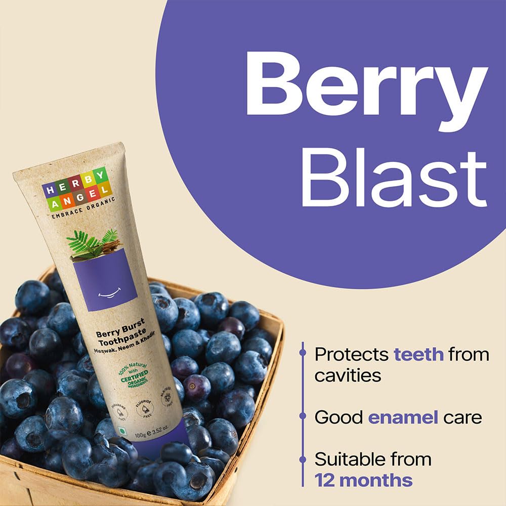 HERBY ANGEL Baby Toothpaste Berry Burst - Herbal Kids Oral Care Toothpaste With Neem, Khadir & Meswak - Promotes Strong Teeth & Healthy Gums For Toddlers & Babies 12 Months & Above - 100 Gm