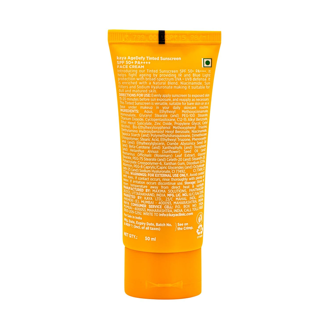 Kaya AgeDefy Tinted Sunscreen SPF 50 | Anti-Aging Moisturizer - Broad Spectrum | UVA & UVB protection for Face with Natural Tint | Hydrating Sunblock Cream for Women and Men | 50 gm