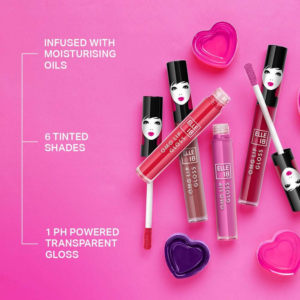 Elle 18 OMG Lip Gloss, Glossy Finish, Brownie Babe, Non-sticky Formula, Light-weight, Moisturising, Infused with Rapeseed and Jojoba Oil, Full Coverage| 2.5ml