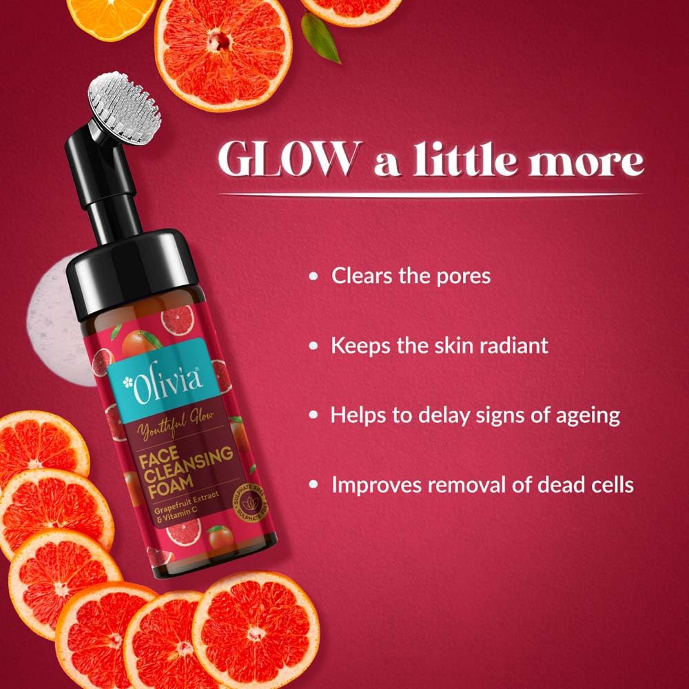 Olivia Youthful Glow Face Cleansing Foam, Built In Brush Face Wash For Deep Cleansing, Massage, Exfoliate, Glowing Bright Skin With Grapefruit Extract & Vitamin C - 150Ml
