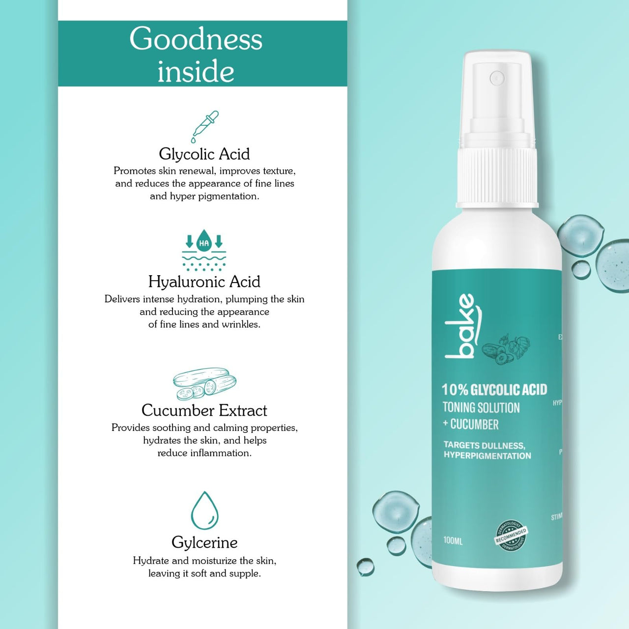 BAKE 10% Glycolic Acid Toner with Hyaluronic Acid | Targets Hyperpigmentation | Pore Tightening Toner for Face & Underarms | For Combination skin, Oily, Acne Prone skin | Alcohol Free Toner | 100ml