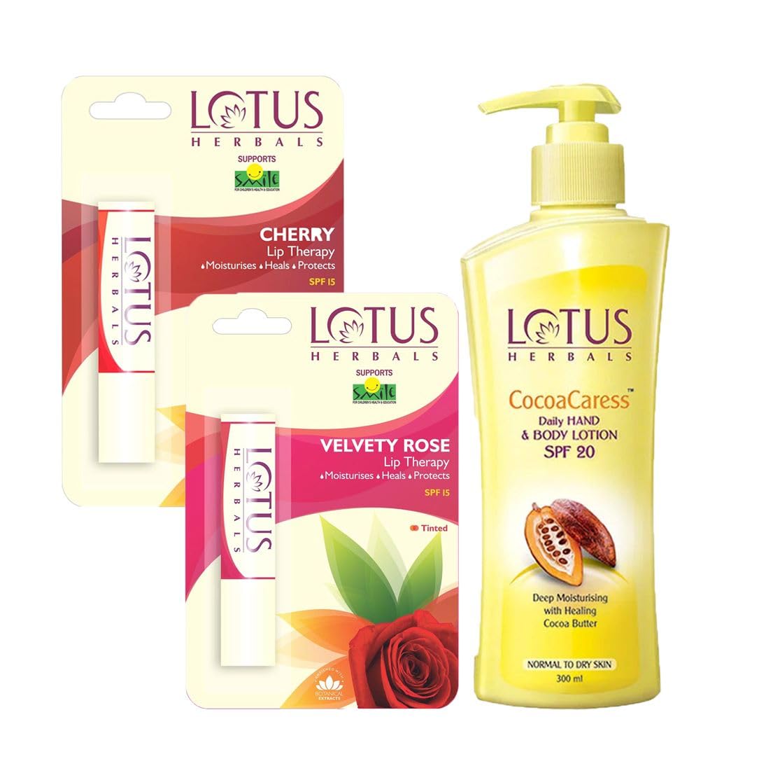 Lotus Herbals Winter Kit Cocoacaress Daily Hand & Body Lotion_250ml + Cherry Lip Therapy_3.5g + Velvety Rose Lip Therapy_3.5g (Set Of 3)