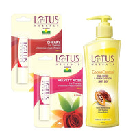 Lotus Herbals Winter Kit Cocoacaress Daily Hand & Body Lotion_250ml + Cherry Lip Therapy_3.5g + Velvety Rose Lip Therapy_3.5g (Set Of 3)