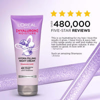 L'Oreal Paris Hyaluron Moisture Hydra Filling Leave-in Night Cream, Powered by Hyaluronic Acid, For Dry & Dehydrated Hair, Volume-180ml, Makes hair frizz-free, bouncy and hydrated for up to 72HR