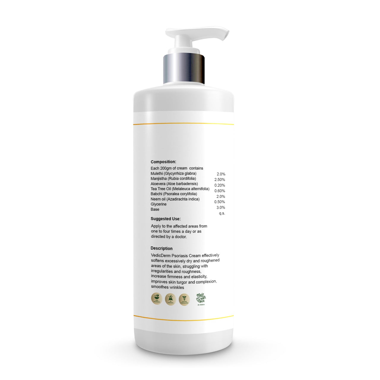 VEDICDERM Psoréa Cream with 2% Bakuchi Extract Skin Barrier Repair | Itching and Dryness Control | Natural, Chemical Free Formula for Psoriatic skin (200ml, Pack of 1)