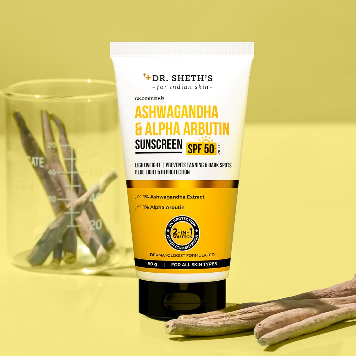 Dr. Sheth's Ashwagandha & Alpha Arbutin Sunscreen SPF 50+ PA++++ | 2 in 1 Solution for Hyper Pigmentation and UV Protection | Anti Tan & Dark Spots | 50g For All Skin Type