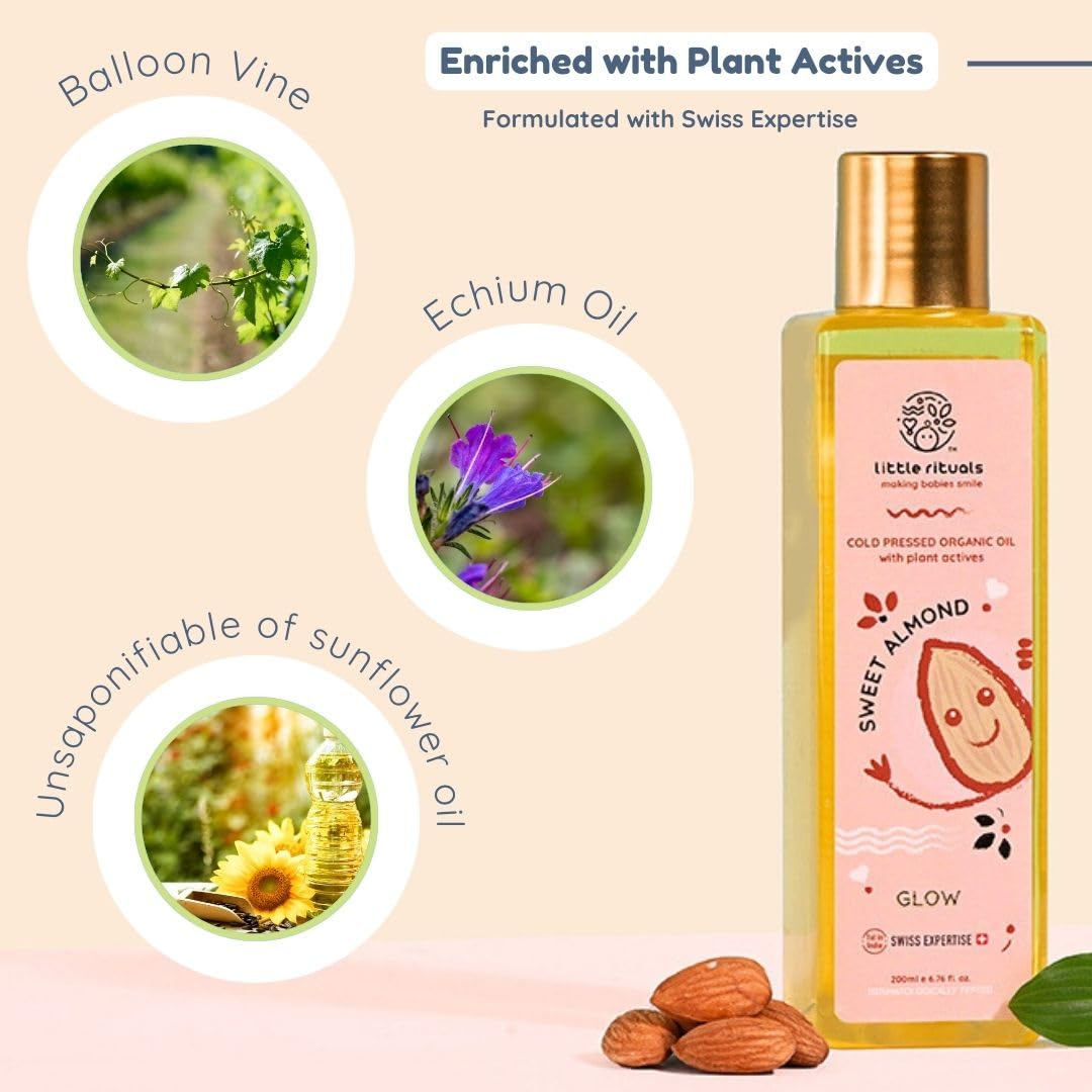 Little Rituals SWEET ALMOND (BADAM OIL) Baby Massage Oil and Hair oil, Cold Pressed and Certified ORGANIC with SWISS Plant Actives. Dermatologist Tested by Pediatrics, Mild & Gentle & Safe (200 ML)