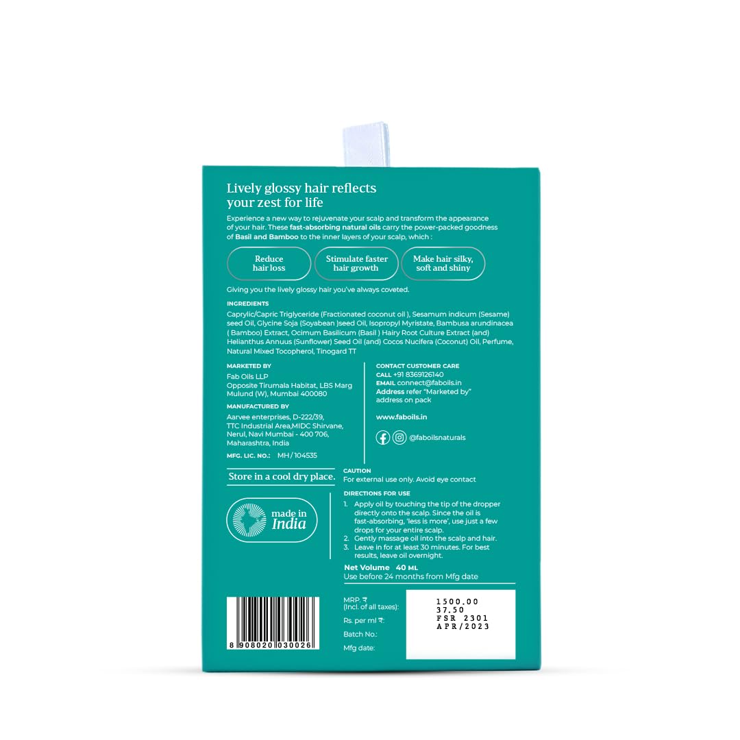 Fab Oils Scalp Revive Hair Oil for Hair Growth & Hair Fall Control | Ultra Lightweight Oil | Clinically Proven | Enriched with Basil & Bamboo | 10-Sec Fast Absorption | 95% Natural | 40 ml