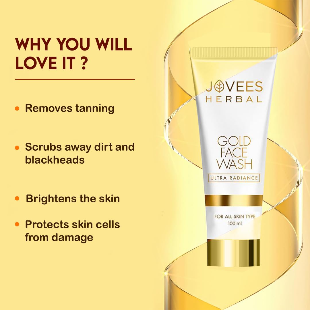 Jovees Herbal Ultra Radiance Gold Face Wash Gives Clear, Nourished & Hydrated Skin, Reduce Dark Spot And Improves Skin Texture | For All Skin Types 100ml