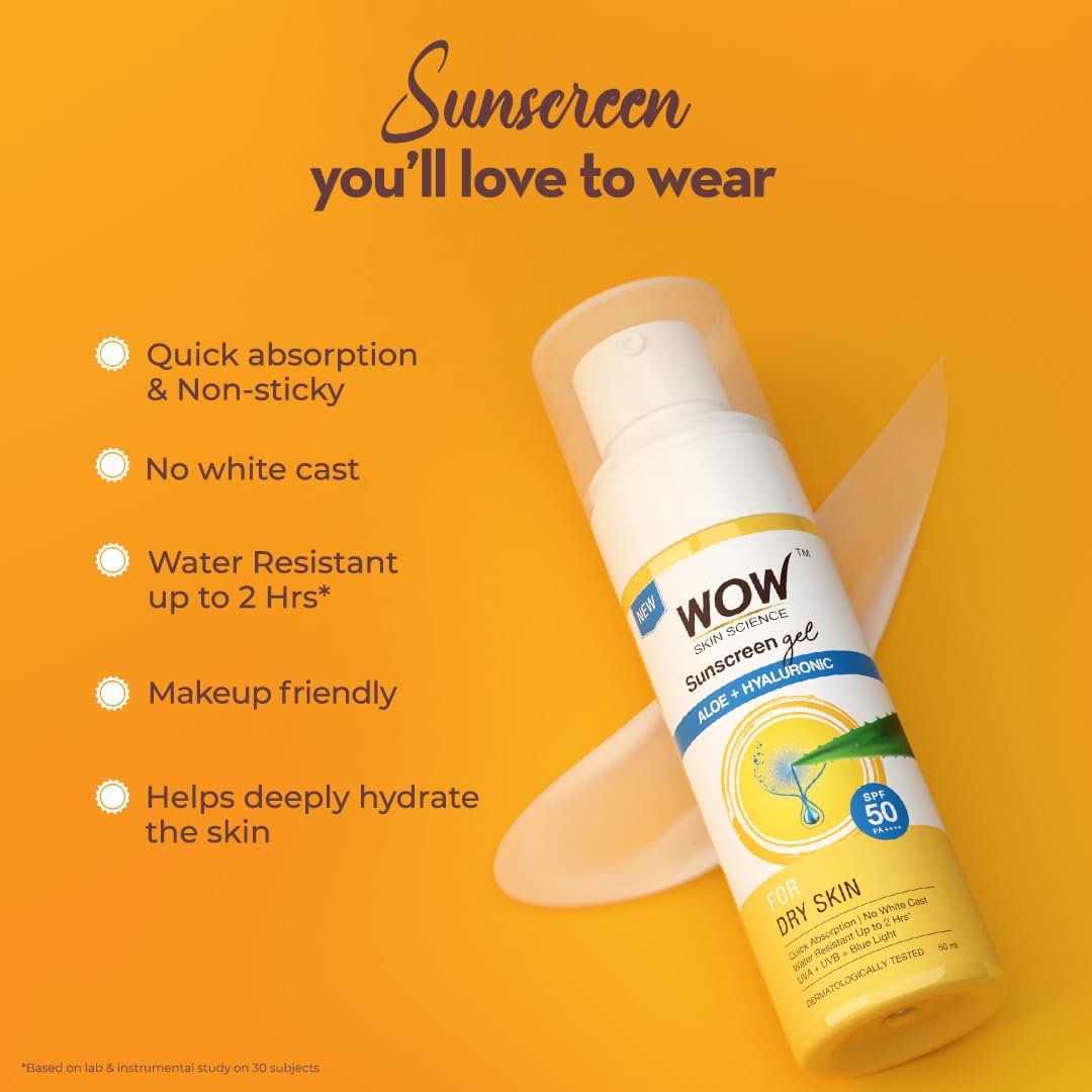 WOW Skin Science Sunscreen Gel For Dry Skin | SPF 50 PA++++ | With Aloe Vera & Hyaluronic | Hydrates Skin | Lightweight | Quick Absorbing | No White Cast | UVA & UVB Protection | 50 ml