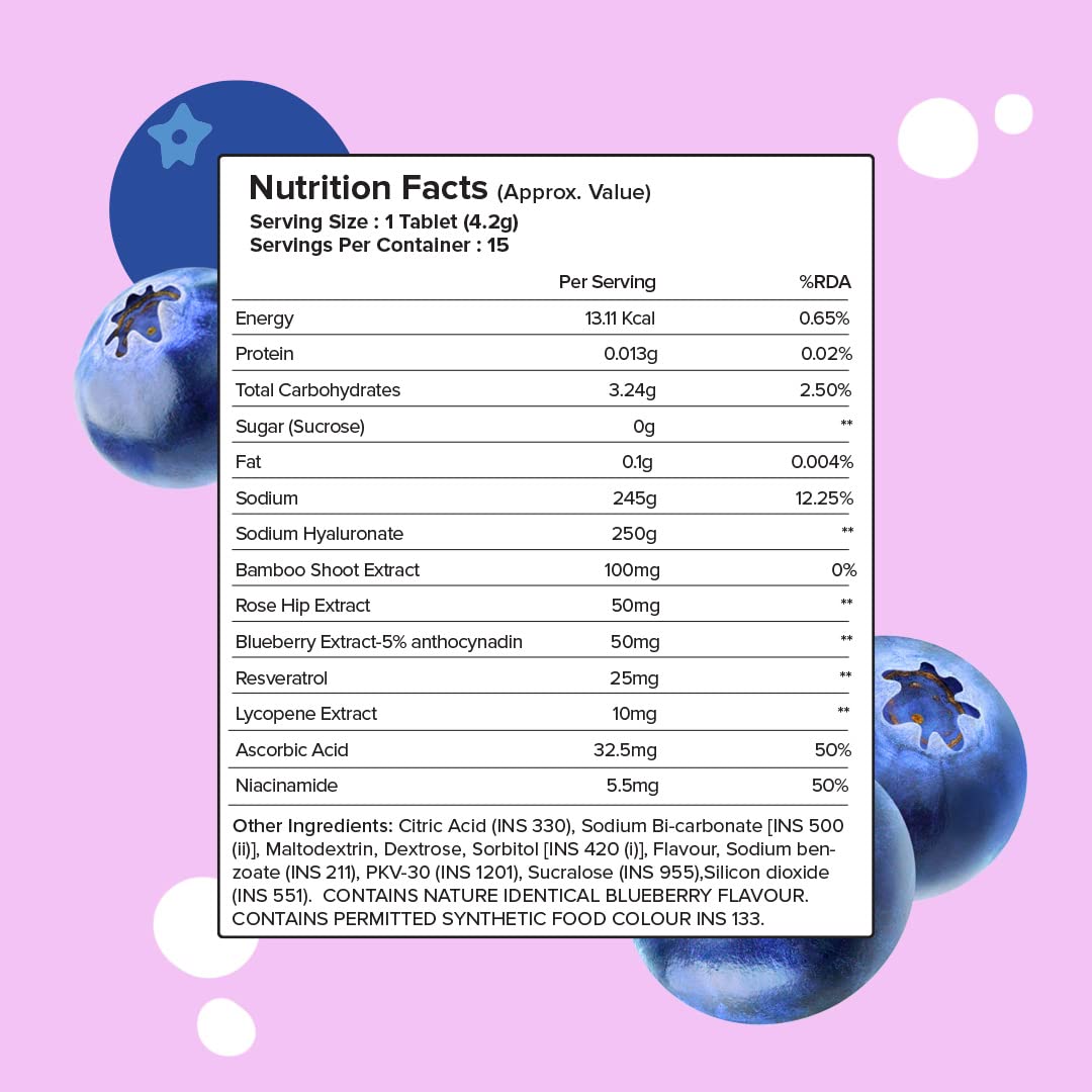 PLIX - THE PLANT FIX Hyaluronic Acid 15 Effervescent Tablets For Radiant Skin|Blueberry Flavor Pack Of 1|Superfoods Enriched|Supports Skin Hydration|Helps To Reduce Fine Lines|Vegan, 90 grams