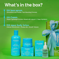 Rivona Naturals Aqua Hydration Luxe Gift set |Diwali Gift Set |Gift Box To Pamper Your Loved Ones | Cooling, Hydrating, Moisturizing | Face Serum, Face Cream, and Body Lotion & Luxury Candle | Pack of 4| All Occasions | All Skin Types | Men and Women