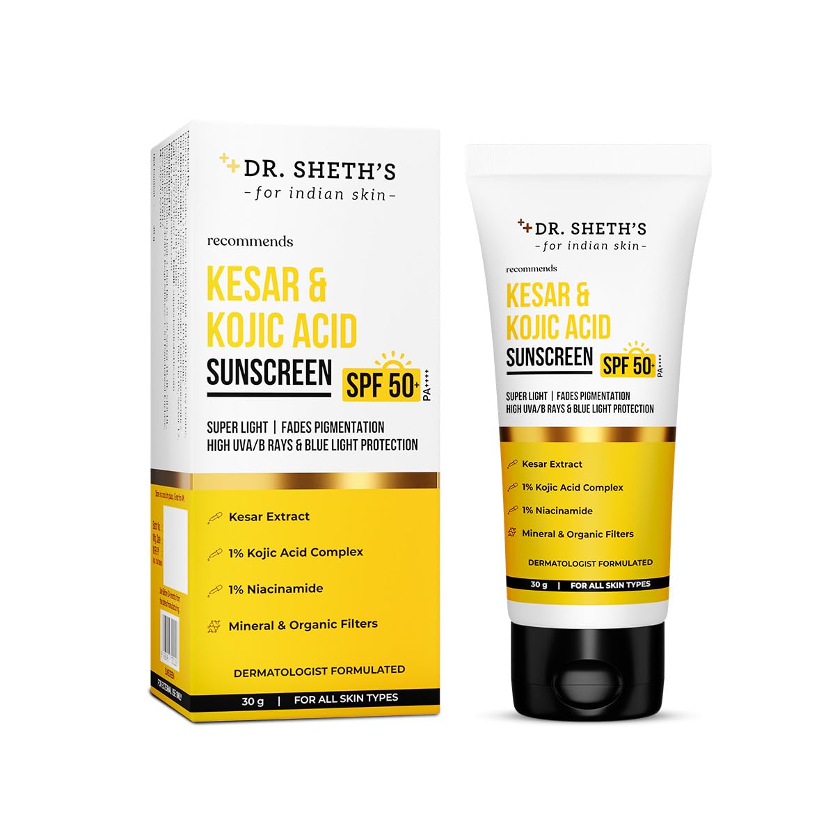 Dr. Sheth's Kesar & Kojic Acid Sunscreen with SPF 50 Pa++++ | For Pigtation-Free Skin | No White Cast & Light Weight | For Daily Moisturization | For All Skin Types | 30 g