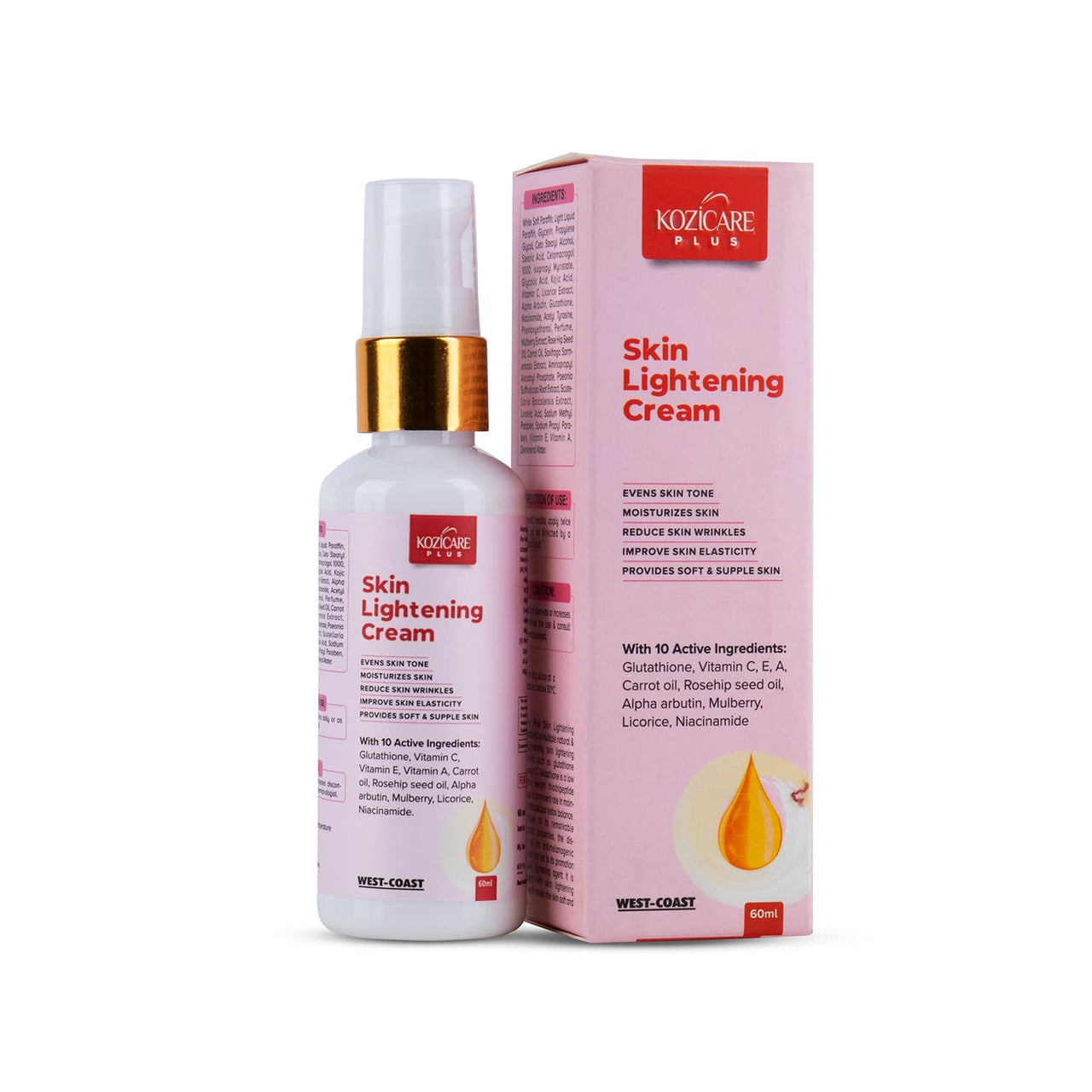 Kozicare Plus Skin Lightening Cream with Kojic Acid 2.5%, Glutathione 1%, Vitamin C 2%, Vitamin A, Carrot Oil 0.5%, Rosehip Oil 0.5%, Arbutin 1.5%, Mulberry 0.5%, Licorice 2% & Niacinamide 1% - 60ml