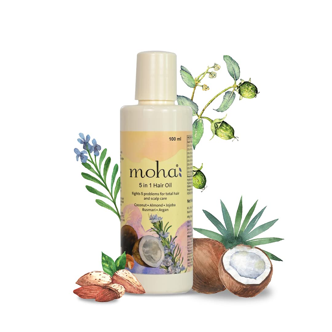 Moha:5 In 1 Hair Oil For Hair Growth & Hair Fall Reduction Coconut Oil, Almond Oil, Rosemary Oil, Wheatgerm Oil, Tea Tree Oil & Sesame Oil, All Hair Type Clinically Proven, 100 Ml