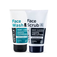 Ustraa Face Wash - Mint Cool - For Dry to Normal Skin - 100g | Reduces Moisture Loss & Activated Charcoal Face Scrub - 100g | with Tahitian Volcanic Sand & Walnut Granules | Fights Blackheads