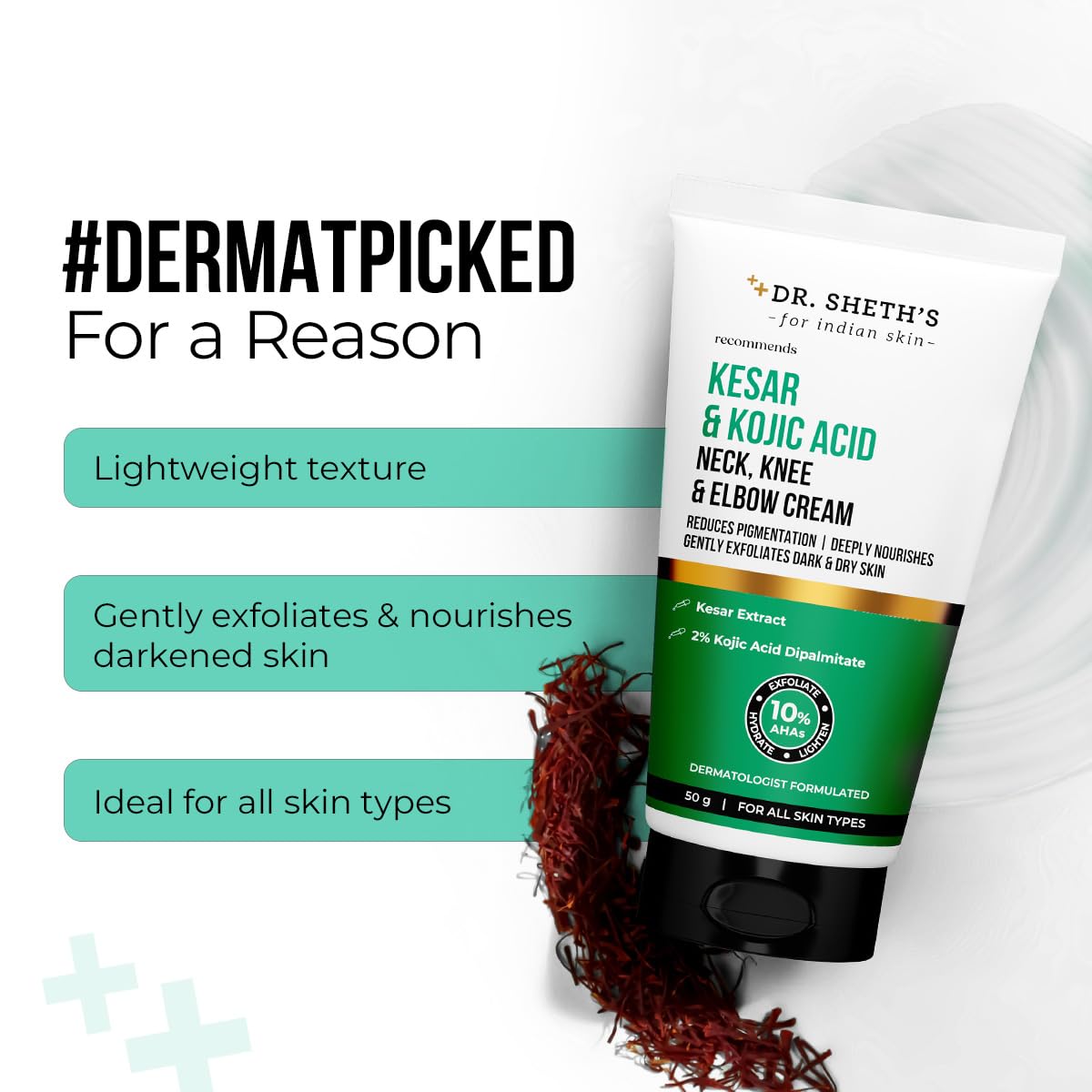 Dr. Sheth's Kesar & Kojic Acid Neck, Knee & Elbow Cream | Clinically Tested | Helps To Reduce Pigmentation | 10% AHAs+2% Kojic Acid+Urea | For Dark Neck, Ankles, Knuckles, Knees, Thighs & Elbows | 50g