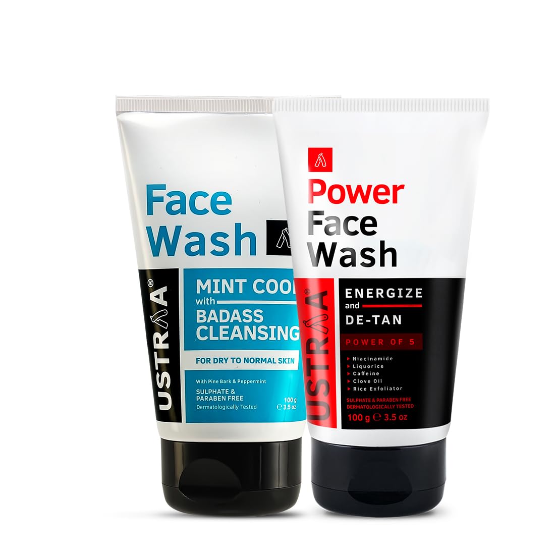 Ustraa Face Wash - Mint Cool - Dry Skin - 100g | Reduces Moisture Loss | Removes Dirt & Power Face Wash - 100g - Energize & De-Tan | Dermatologically Tested | Effectively Removes Tan & Brightens Skin